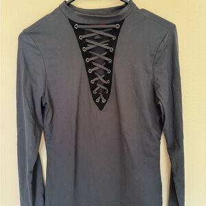 Hot Kiss Gray Long Sleeve Top with Black Lace-Up Detail